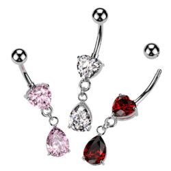 Belly Bar with a CZ Heart and a Pear Shape CZ Dangle
