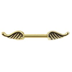 Gold Nipple Bar with Black Striped Angel Wings