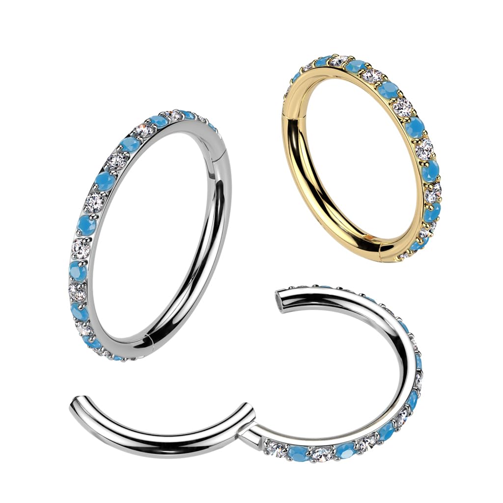 Titanium Hinged Ring with Outward Facing CZ and Turquoise