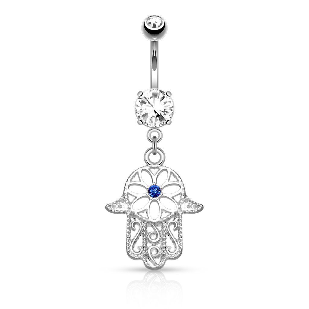 Belly Bar with a Beaded Outline Hamsa with Centred CZ Gem Dangle - Image 4