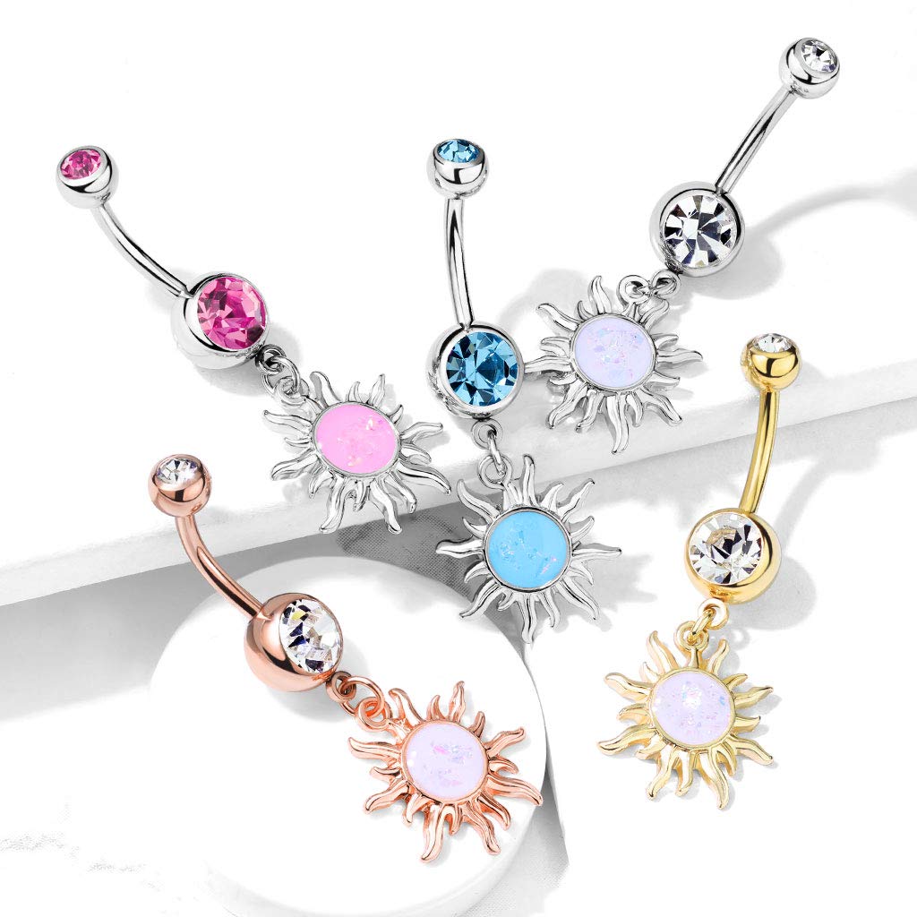 Belly Bar with a Tribal Sun with Imitation Opal Glitter Dangle