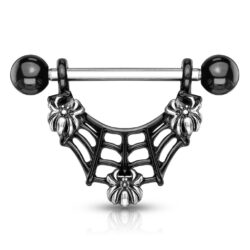 Black Nipple Bar with 3 Spiders On Web Dangle