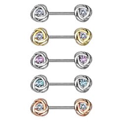 Nipple Bar with Steel Rose Blossom Ends and a Centred CZ Gem