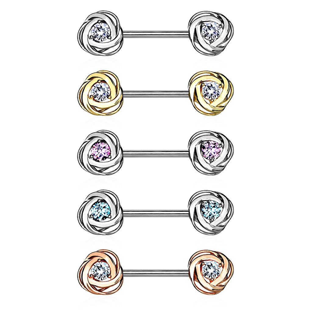 Nipple Bar with Steel Rose Blossom Ends and a Centred CZ Gem