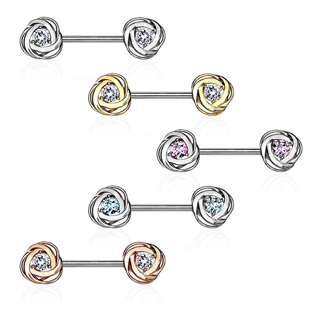 Nipple Bar with Steel Rose Blossom Ends and a Centred CZ Gem - Image 12