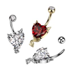 Belly Bar with a CZ Heart with Devil Horns and a Tail