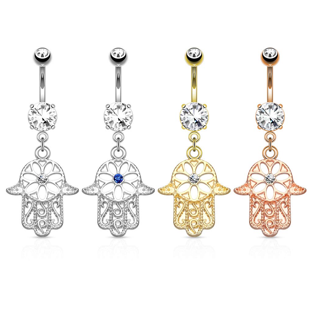 Belly Bar with a Beaded Outline Hamsa with Centred CZ Gem Dangle
