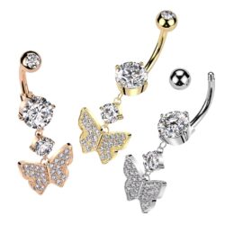 Belly Bar with a Clear Pave CZ Butterfly Dangle