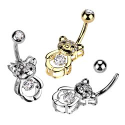 Belly Bar with Teddy Bear and Clear CZ Gems