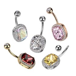 Belly Bar with Pave CZ's around a Large Oval CZ Gem