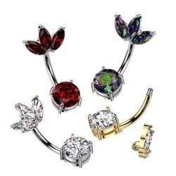 Belly Bar with 3 Marquise CZ Fan Top and Prong Set CZ Bottom