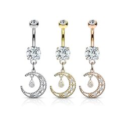 Belly Bar with a Clear CZ Paved Crescent Moon Dangle