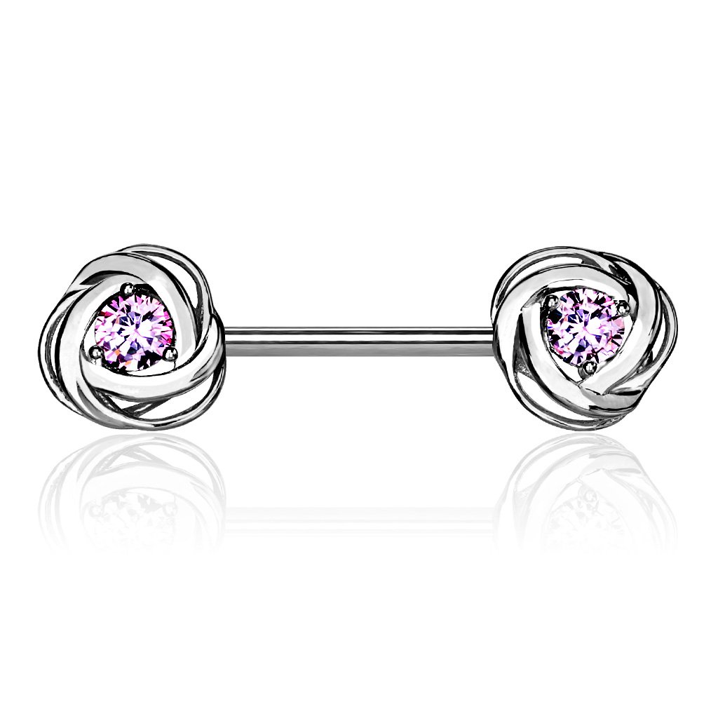 Nipple Bar with Steel Rose Blossom Ends and a Centred CZ Gem - Image 3