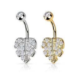 Belly Bar with Paved Clear Crystal Heart Leaf