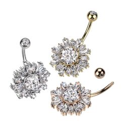 Belly Bar with a Large Sunburst around a Clear CZ Gem Centre
