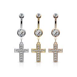 Belly Bar with a Clear CZ Cross Dangle
