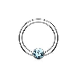 PiercedOff 316L Surgical Steel BCR Captive Ring with Round Flat Cylinder Set Aqua Crystral 14G (1.6mm x 12mm)