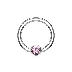 PiercedOff 316L Surgical Steel BCR Captive Ring with Round Flat Cylinder Set Pink Crystral 14G (1.6mm x 10mm)
