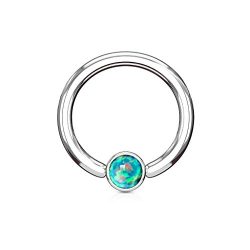 PiercedOff 316L Surgical Steel BCR Captive Ring with Synthetic Green Opal Set in Round Flat Cylinder 16G (1.2mm x 8mm)
