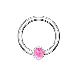 PiercedOff 316L Surgical Steel BCR Captive Ring with Synthetic Pink Opal Set in Round Flat Cylinder 14G (1.6mm x 10mm)