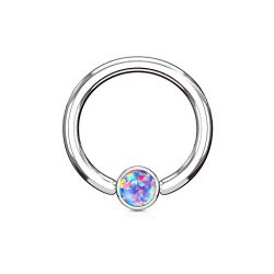 PiercedOff 316L Surgical Steel BCR Captive Ring with Synthetic Purple Opal Set in Round Flat Cylinder 16G (1.2mm x 8mm)