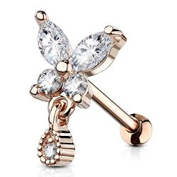 PiercedOff 316L Surgical Steel CZ Butterfly with tear Drop Dangle Cartilage, Tragus Barbell Stud (Rose Gold)