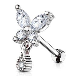 PiercedOff 316L Surgical Steel CZ Butterfly with tear Drop Dangle Cartilage, Tragus Barbell Stud (Steel/Clear)