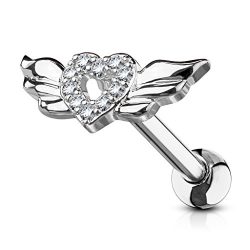 PiercedOff 316L Surgical Steel CZ Paved Heart with Wings Cartilage, Tragus Barbell Stud (Clear)