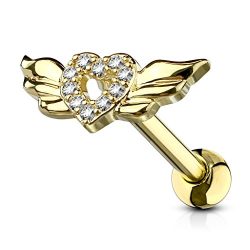 PiercedOff 316L Surgical Steel CZ Paved Heart with Wings Cartilage, Tragus Barbell Stud (Gold)