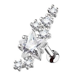 PiercedOff 316L Surgical Steel Center Stage Star Cartilage Tragus Barbell Stud (Clear)