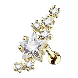 PiercedOff 316L Surgical Steel Center Stage Star Cartilage Tragus Barbell Stud (Gold)