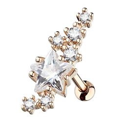 PiercedOff 316L Surgical Steel Center Stage Star Cartilage Tragus Barbell Stud (Rose Gold)