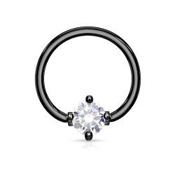 PiercedOff 316L Surgical Steel IP Black BCR Captive Ring with Round Clear Prong Set CZ 16G (1.2mm x 10mm)