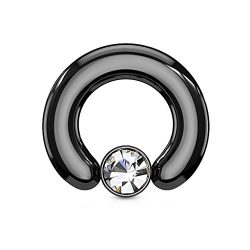 PiercedOff 316L Surgical Steel IP Black Large Gauge BCR Captive Ring with Round Clear Crystal Set in Flat Cylinder 4G (5mm x 14mm)