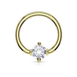 PiercedOff 316L Surgical Steel IP Gold BCR Captive Ring with Round Clear Prong Set CZ 14G (1.6mm x 12mm)
