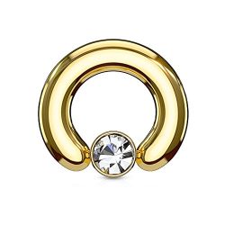 PiercedOff 316L Surgical Steel IP Gold Large Gauge BCR Captive Ring with Round Clear Crystal Set in Flat Cylinder 10G (2.4mm x 12mm)