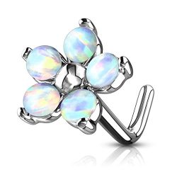 PiercedOff 316L Surgical Steel L Bend Nose Stud Flower with 5 Opal Petals (Opal White)