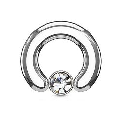 PiercedOff 316L Surgical Steel Large Gauge BCR Captive Ring with Round Clear Crystal Set in Flat Cylinder 4G (5mm x 14mm)