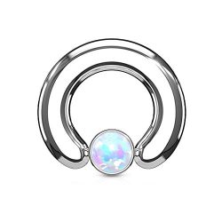 PiercedOff 316L Surgical Steel Large Gauge BCR Captive Ring with Round White Synthetic Opal Set in Flat Cylinder 10G (2.4mm x 12mm)