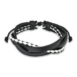 PiercedOff Black & White Leather Bracelet with 3 Entangled Layer