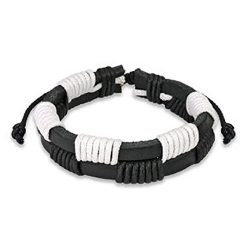 PiercedOff Black & White Leather Bracelet with Zig-Zag Shocker Knots