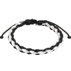 PiercedOff Black and White Braided Leather Bracelet with Drawstrings