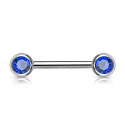 PiercedOff Nipple Bar Barbell with Double Front Facing Blue Gem 14GA (1.6mm x 16mm)