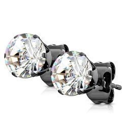 Pair of Black IP Over 316L Stud Earrings with Round Clear CZ gem